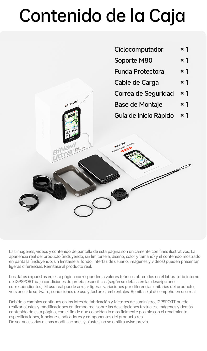 Contenido de la caja del iGPSPORT BiNavi Ultra: ciclocomputador, soporte M80, base de montaje, funda, cable, correa y guía