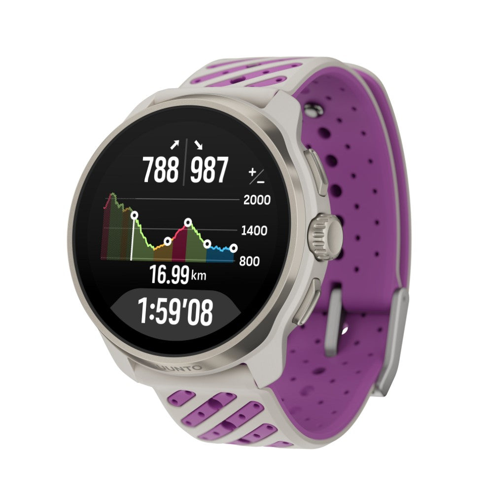 Suunto Race 3S Titanium Orchid, vista en perspectiva con perfil de subida