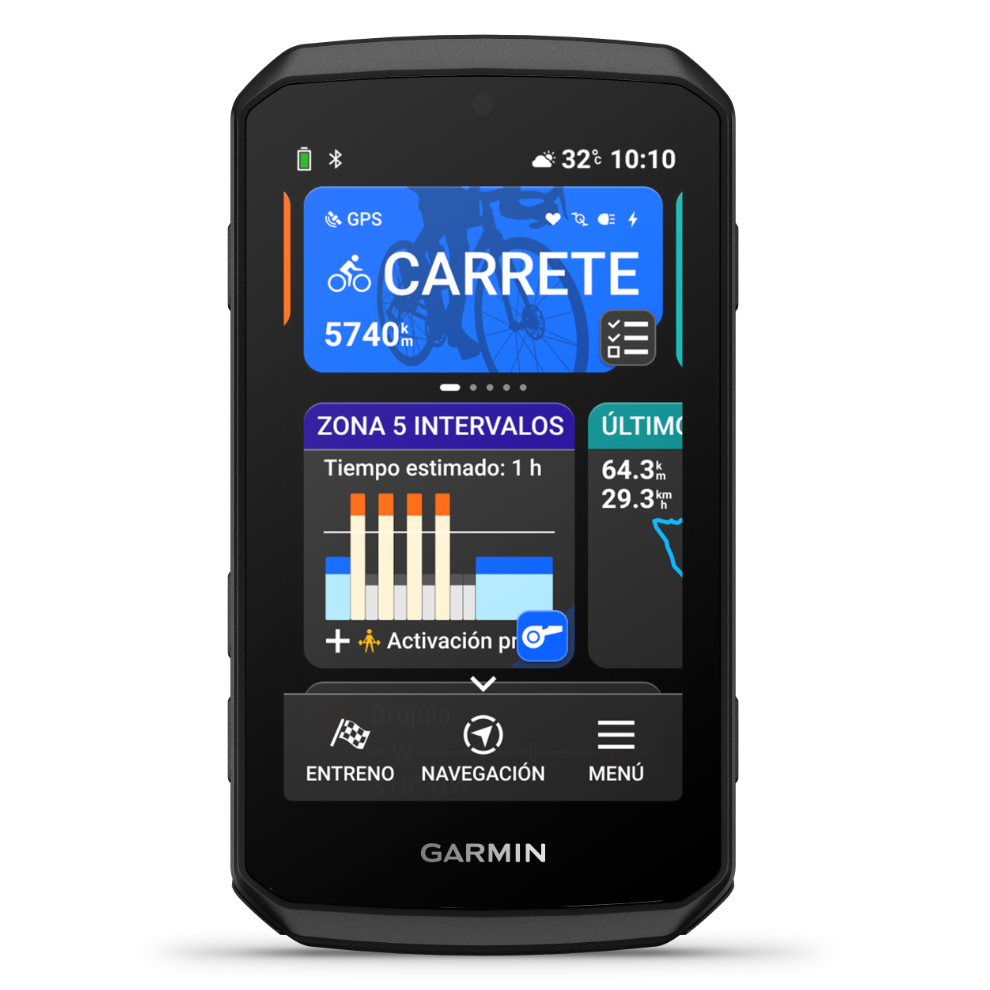 Garmin Edge 1060, vista frontal con la pantalla de inicio, perfil Carrete y sesión de intervalos zona 5