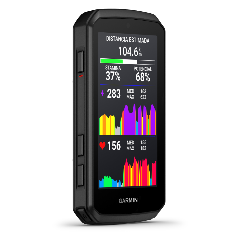 Garmin Edge 1060, vista lateral con botones y pantalla de datos de stamina, potencia y frecuencia cardiaca