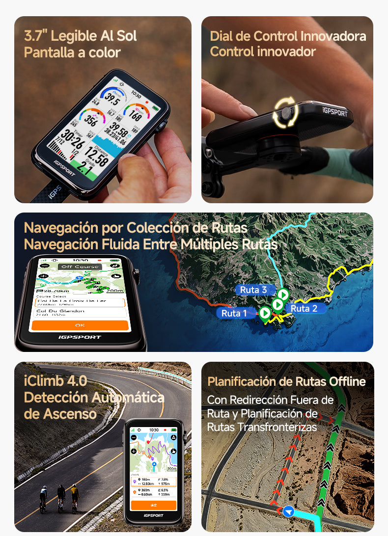 Funciones del iGPSPORT BiNavi Ultra: pantalla de 3,7" legible al sol, dial de control, colección de rutas, iClimb 4.0 y rutas offline