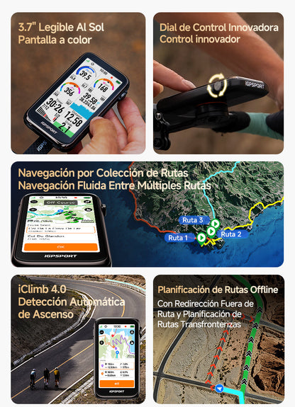 Funciones del iGPSPORT BiNavi Ultra: pantalla de 3,7" legible al sol, dial de control, colección de rutas, iClimb 4.0 y rutas offline