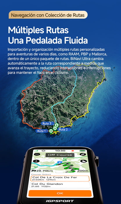 Navegación con colección de rutas del iGPSPORT BiNavi Ultra para viajes de varios días