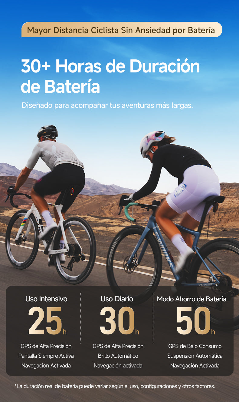 Autonomía del iGPSPORT BiNavi Ultra: 25 h uso intensivo, 30 h uso diario y 50 h en modo ahorro