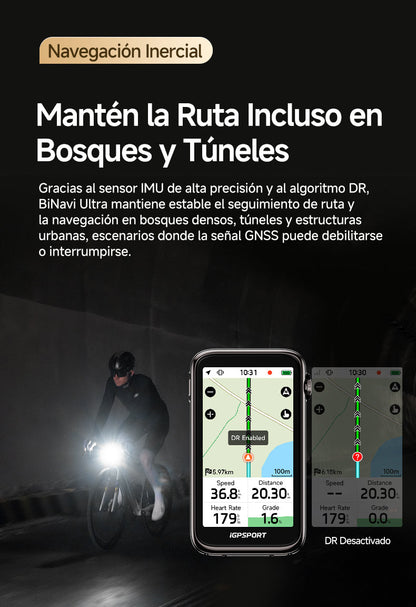 Navegación inercial del iGPSPORT BiNavi Ultra para mantener la ruta en túneles y bosques