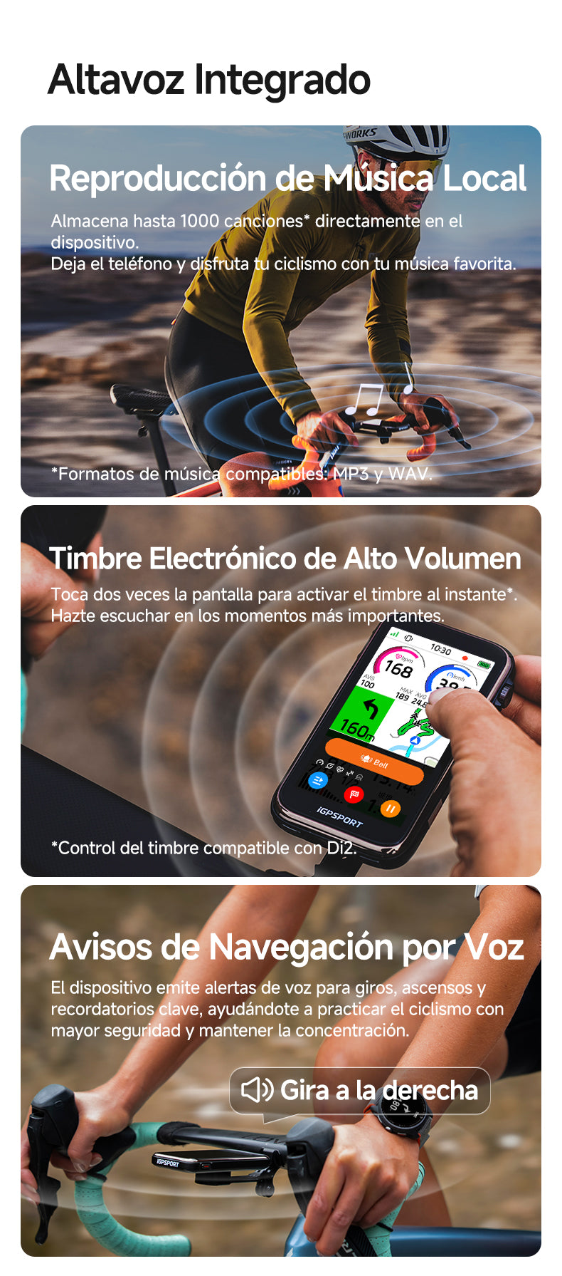 Altavoz integrado del iGPSPORT BiNavi Ultra: música local, timbre electrónico y avisos de navegación por voz
