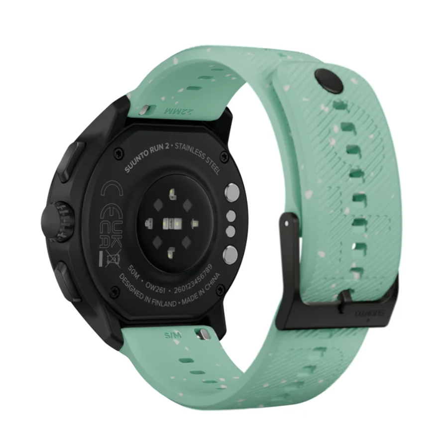 Suunto Run 2 Aloe Green - parte trasera con sensor de frecuencia cardíaca de 12 canales