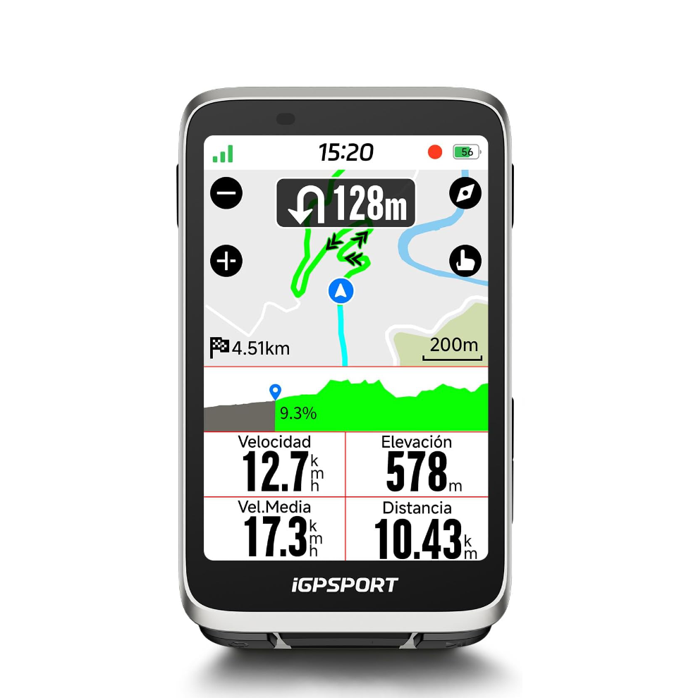 iGPSPORT BiNavi color plata, vista frontal con mapa y datos de ruta