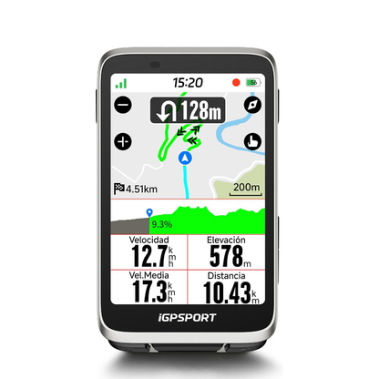 iGPSPORT BiNavi color plata, vista frontal con mapa y datos de ruta