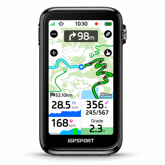iGPSPORT BiNavi Ultra, ciclocomputador GPS con pantalla táctil de 3,7 pulgadas mostrando mapa y datos de ruta