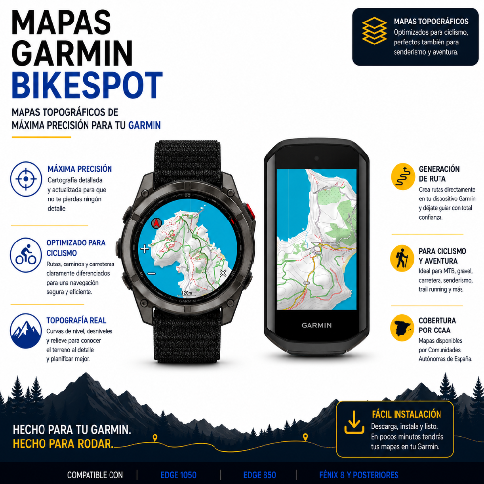 Mapa Garmin Bikespot - cartografía topográfica para ciclismo por Comunidad Autónoma