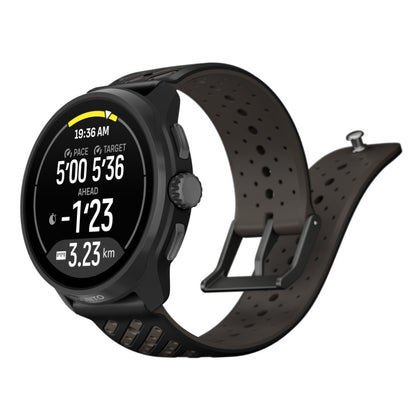 Suunto Race 3S Titanium Black, vista en perspectiva con datos de carrera