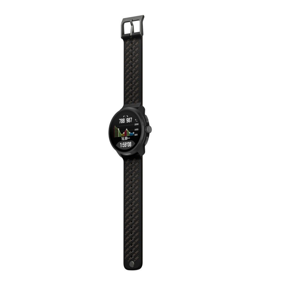 Suunto Race 3S Titanium Black, vista con correa completa y perfil de subida