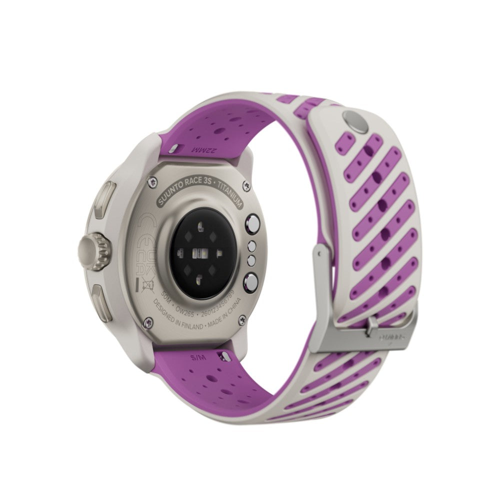 Suunto Race 3S Titanium Orchid, vista trasera con sensor de frecuencia cardíaca