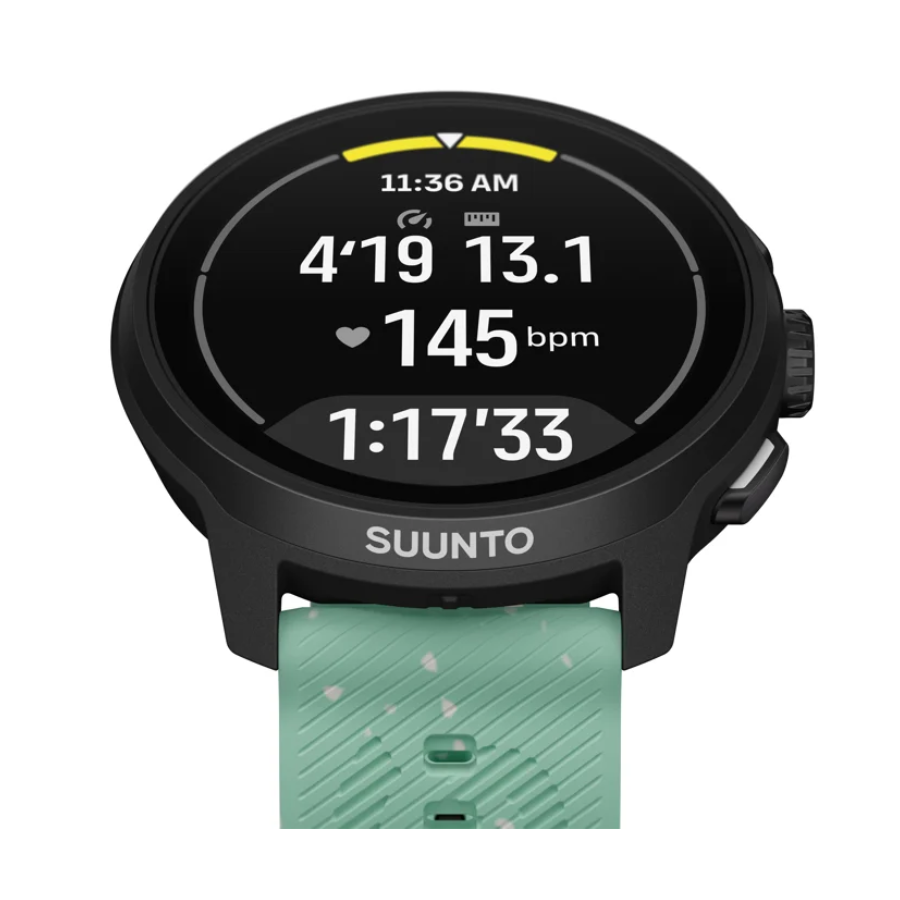 Suunto Run 2 Aloe Green - vista lateral con duración de entrenamiento en pantalla