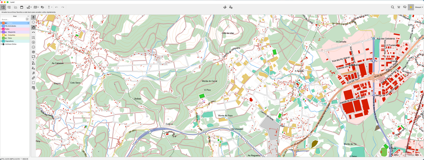 Mapa Vectorial Bikespot visualizado en Land, software de TwoNav