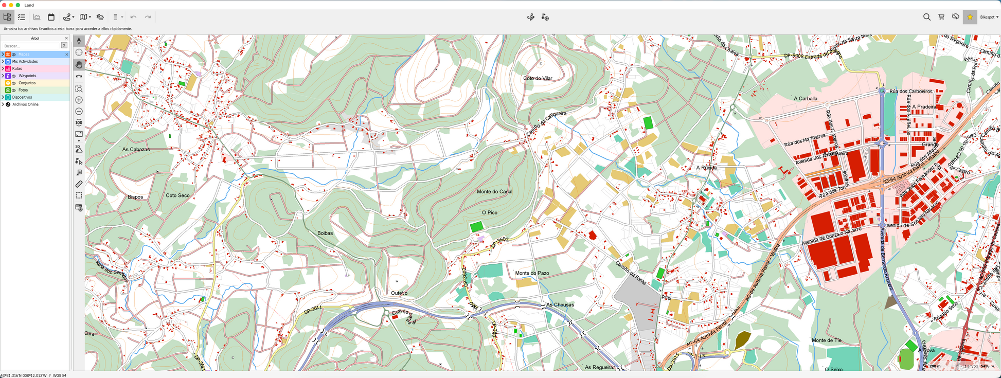 Mapa Vectorial Bikespot visualizado en Land, software de TwoNav